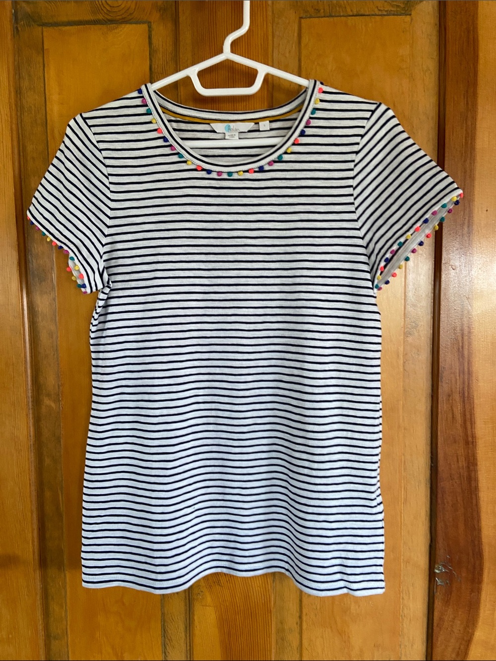 Boden Striped White and Black Pom-Pom Trim Short Sleeve Top